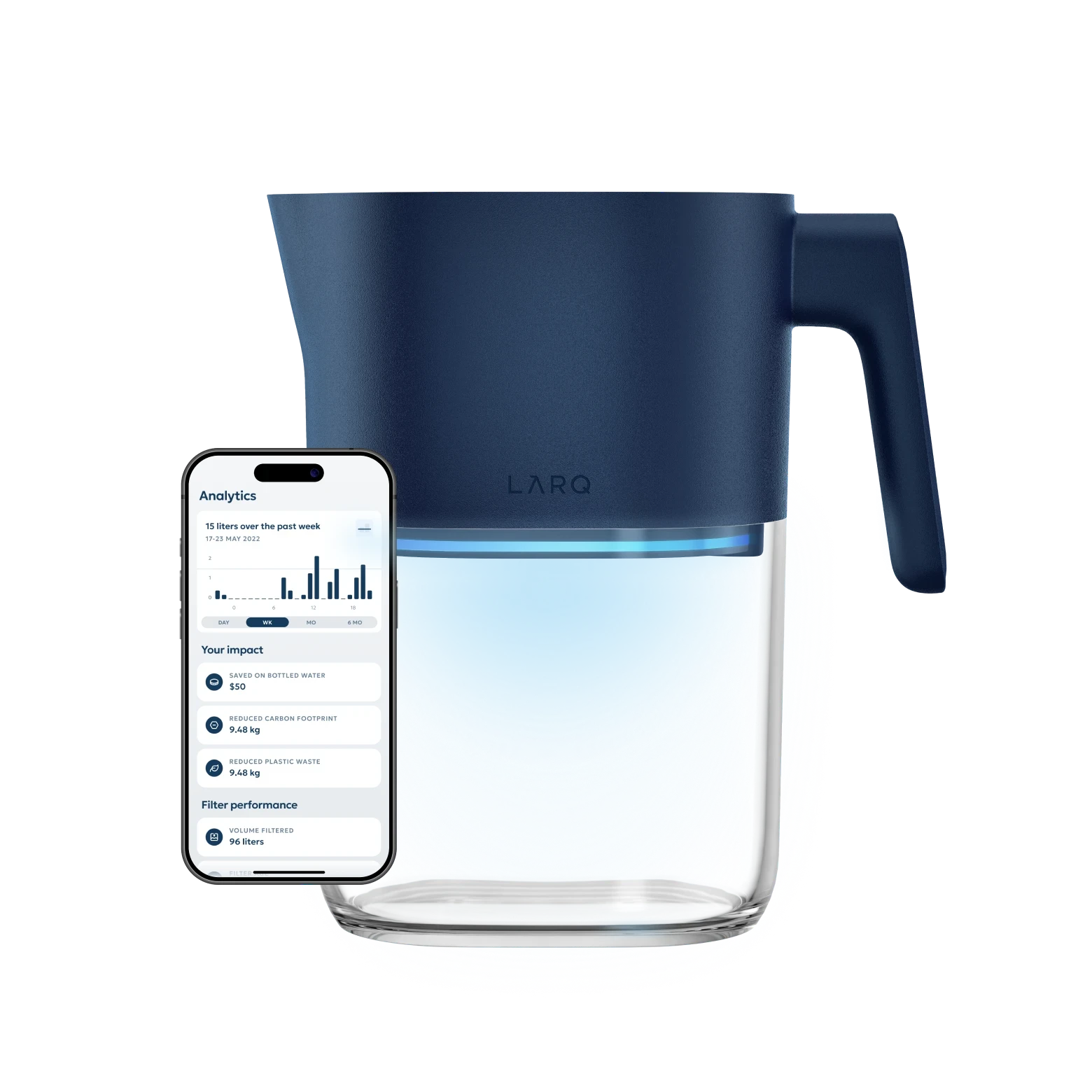 LARQ Pitcher PureVis Monaco Blue sur une table moderne